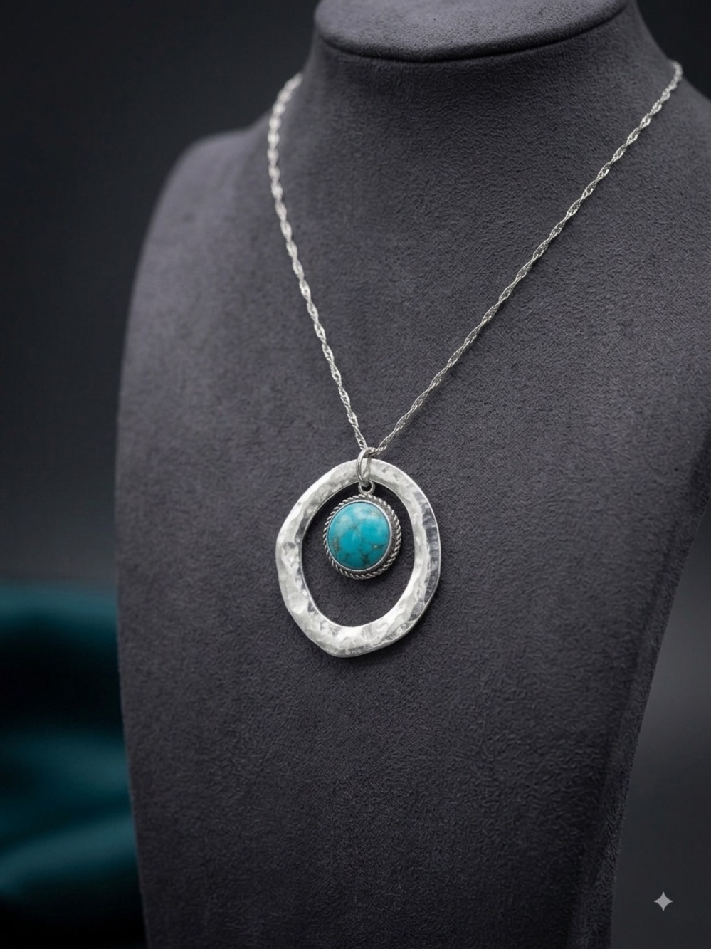 CC Boutique Silver Hammered Circle Necklace with Turquoise Stone
